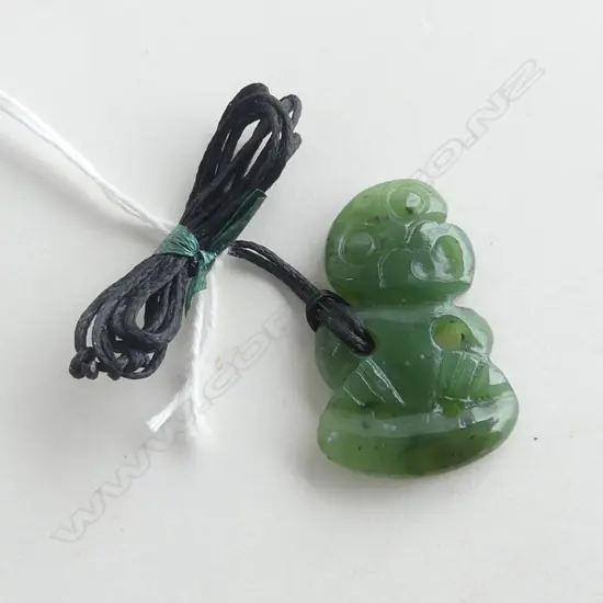 NZ POUNAMU (GREENSTONE)  TIKI PENDANT (L35MM) ON BLACK WAXED ADJUSTABLE CORD