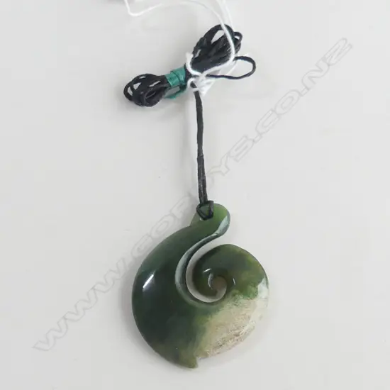 NZ POUNAMU (GREENSTONE) FISH HOOK PENDANT (L50MM) ON BLACK WAXED ADJUSTABLE CORD
