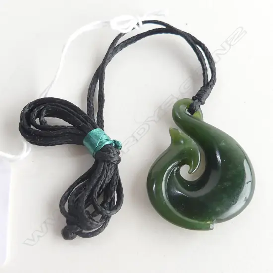 NZ POUNAMU (GREENSTONE) FISH HOOK PENDANT (L42MM) ON BLACK WAXED ADJUSTABLE CORD