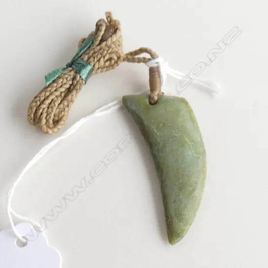 NZ POUNAMU (GREENSTONE) WHALE TOOTH PENDANT (L50mm) ON TAN WAXED ADJUSTABLE CORD