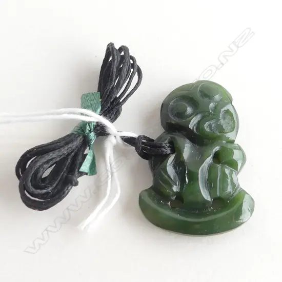 NZ POUNAMU (GREENSTONE) WELL CARVED TIKI PENDANT (L40MM) ON BLACK WAXED ADJUSTABLE CORD