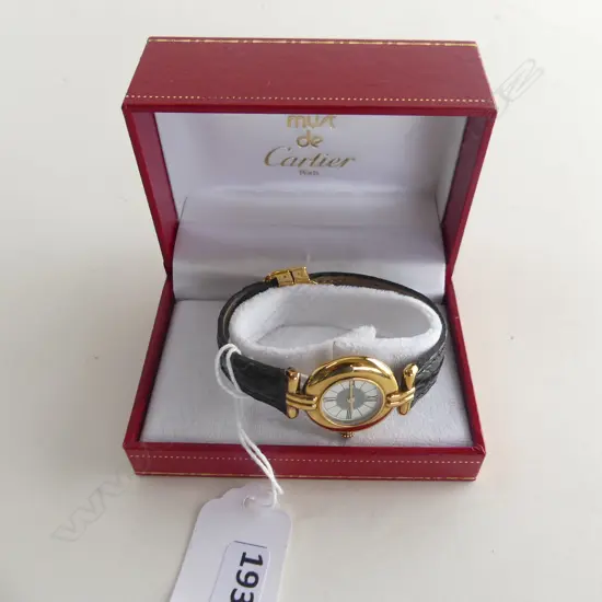 CARTIER LADIES SILVER GILT WRISTWATCH BOXED RUNNING as new. Sapphire cabochon to crown 