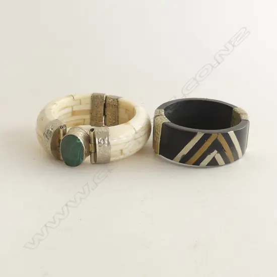 2 HINGED BANGLES; BONE & EBONY 60mm int. dia