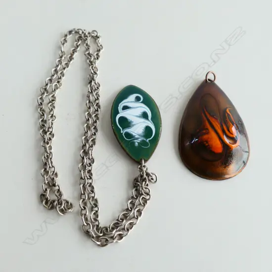 2 LG COPPER & ENAMEL PENDANTS (ONE DAM-ART DENMARK WITH CHAIN) 