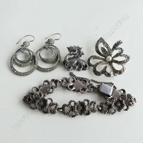 STG SILVER & MARCASITE BRACELET & DROP EARRINGS + SILVER TONE & MARCASITE BROOCH & DRAGON PIN BROOCH