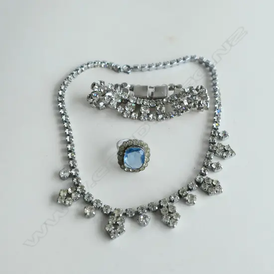 CRYSTAL DOUBLE STRAND BRACELET, NECKLACE & BLUE GLASS & DIAMANTE RING