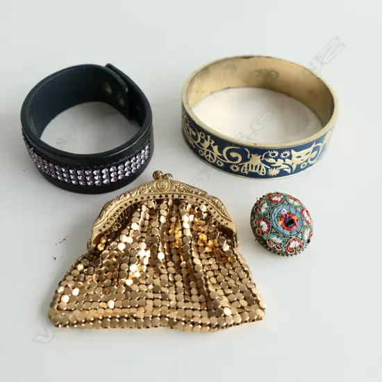 ELENA MEYER BLACK LEATHER & PINK DIAMANTE BRACELET, BLUE & GOLD ENAMELLED BANGLE, SM GLOMESH PURSE & MOSAIC BUTTON 