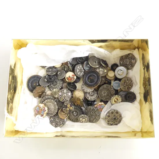 BOX ASST VINTAGE FANCY BUTTONS INCL PEWTER, ENAMEL, MARCASITE STYLE ETC..  
