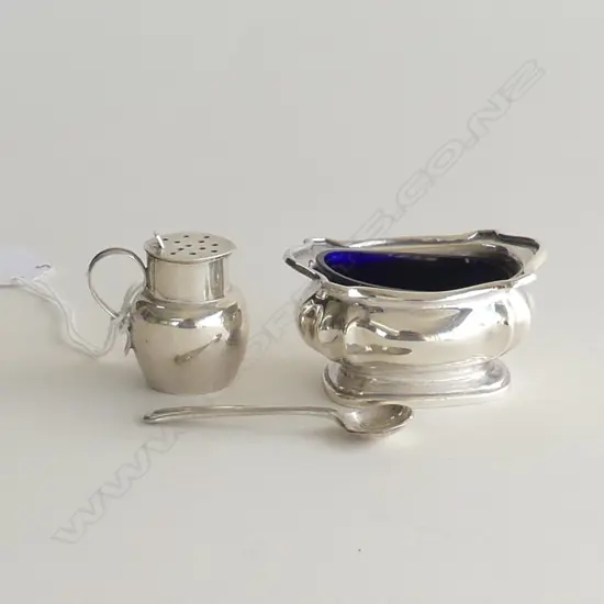 SILVER BLUE GLSS LINED SALT W SPOON & SILVER ALE JUG PEPPERETTE Chester 1905 