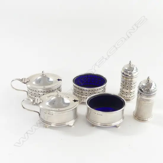 2x 3pce STG SILVER CONDIMENT SETS BLUE GLASS LINERS both Birm.1928