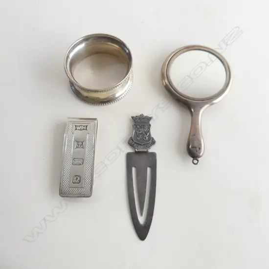 STG SILVER; 2 MONEY CLIPS, NAPKIN RING & MINIATURE HAND MIRROR (L90MM)  55.71GMS