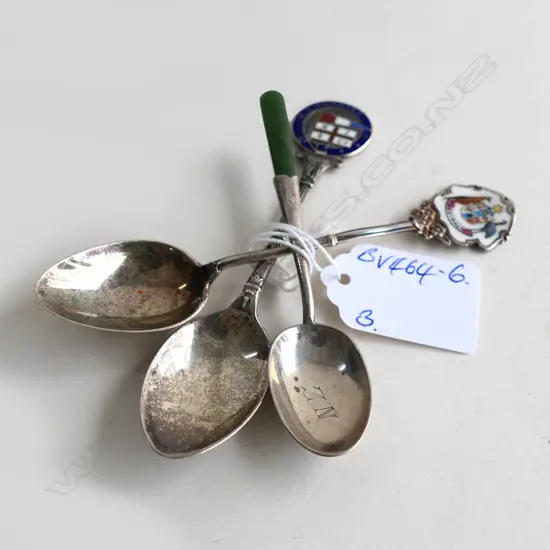3 SILVER TEASPOONS: 1 W POUNAMU HANDLE + 2 SOUVERNIER  M.V. RUAHINE ETC