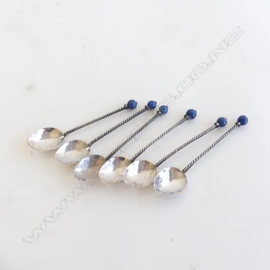 SET 6 STG SILVER COFFEE SPOONS WITH BLUE BEAD ENDS 40.74GMS