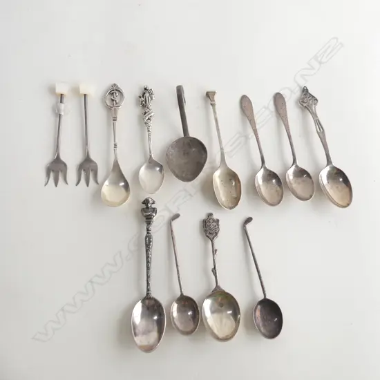 10 STG SILVER SM SPOONS; COFFEE, SUGAR ETC & 2 PICKLE FORKS;  APPROX 122gms  ALL C1898-1935 HALLMARKS