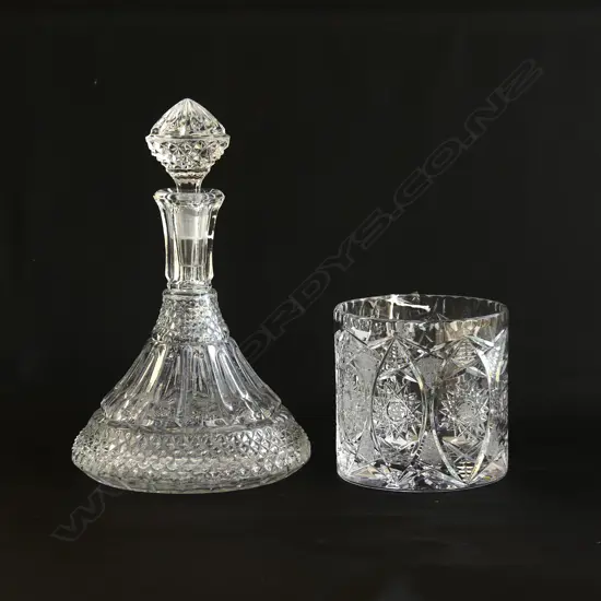 SHIPS CUT GLASS DECANTER (H. 300MM) & POLISH CRYSTAL ICE BUCKET (CHIP TO TOP RIM) (DIA 130MM)