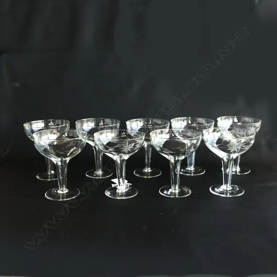 9 CRYSTAL HOLLOW STEMMED CHAMPAGNE GLASSES, ETCHED DESIGN
