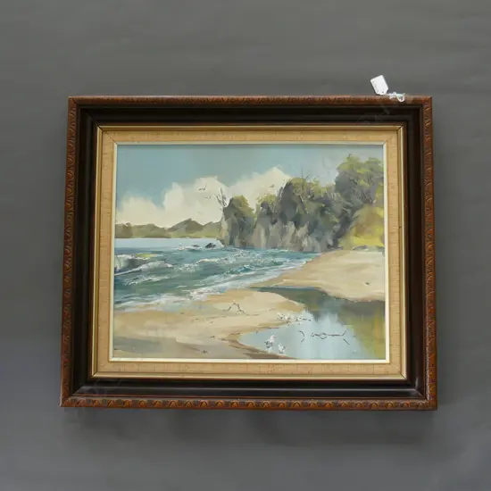 OIL COASTAL SIMPSONS BEACH SIGNED INDERSTINTLY 650BY540MM
