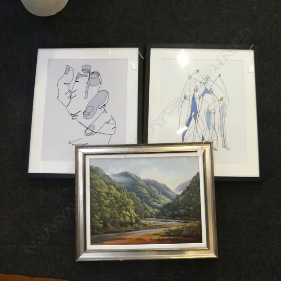 3 ARTWORKS; 2 ABSTRACT PRINTS 450x350mm + MAY WILLIAMS 'KEREU RIVER' OIL