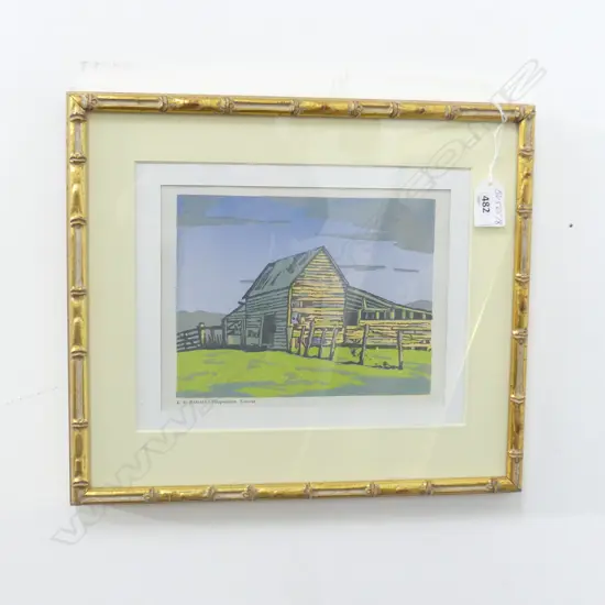 KW HASSALL "THE WOOLSHED" LINO CUT 150mm x 190mm