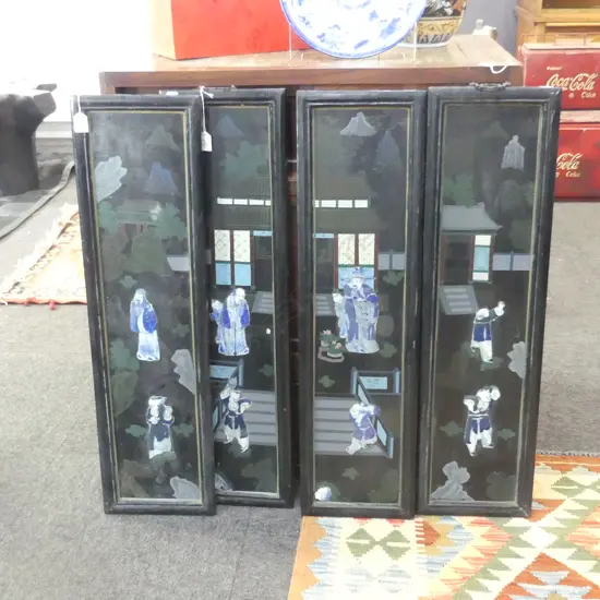 4 VINTAGE CHINESE B/W PORCELAIN INLAID LACQUERED WOODEN PANELS 880x240mm