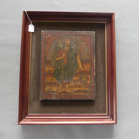 FRAMED VINTAGE GREEK ICON 'ARCHANGEL W. THE HEAD OF ST JOHN THE BAPTIST' 310x245mm