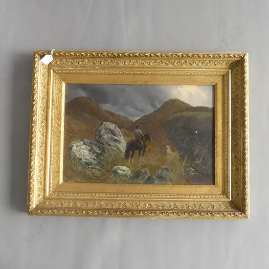 ANTIQUE ARTWORK - MOUNTAIN SCENE w. MAN ON HORSE - GILT FRAME (old borer) 290x440mm