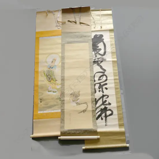 3 VINTAGE ORIENTAL SCROLLS: serene goddess + calligraphy + fine w/c of an actor