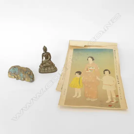 2 ORIENTAL METAL PCES; BUDDHA H.90mm & COW + EARLY 20thC JAPANESE ALBUM