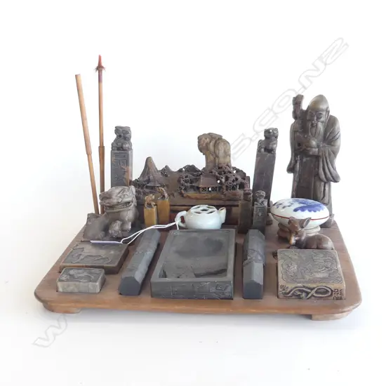 VINTAGE CHINESE CARVED SOAPSTONE WRITING SET; INK STONE, CHOP SEALS ETC W.310mm