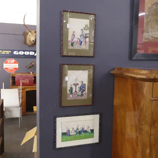 3 CHINESE PAINTINGS IN FAUX BAMBOO FRAMES 180x315mm