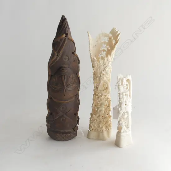 3 CARVINGS: 2 INDIAN FINELY CARVED BONE & TRIBAL WOOD MASK