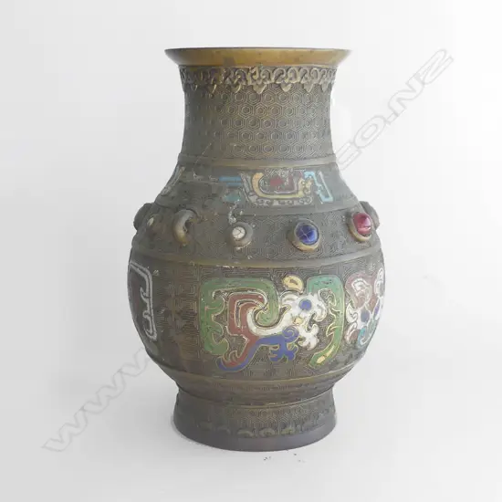 C1900 CHINESE BRASS CHAMPLEVE ENAMELLED VASE jewelled band to the shoulder w stones H.255mm