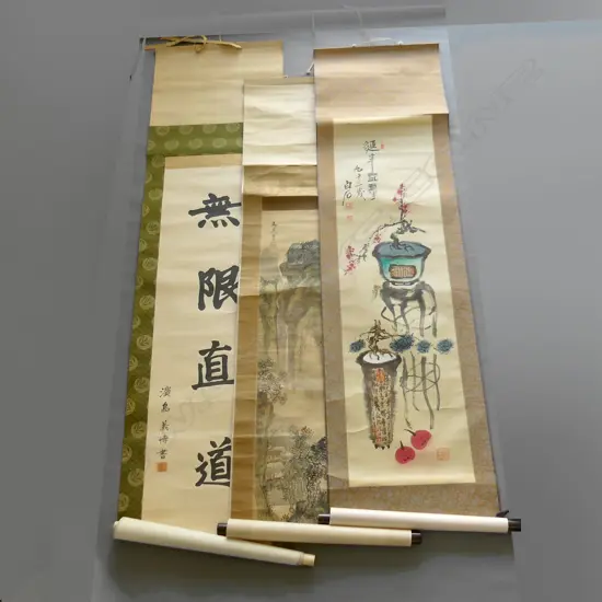 3 VINTAGE ORIENTAL SCROLLS: MOUNTAINOUS LANDSCAPE W/C ETC. bone & rosewood ends