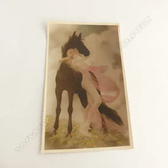 1920'S COLOURED PHOTO OF NAKED WOMAN W BLACK HORSE & PINK DIAPHANOUS DRAPE 235 X 140mm
