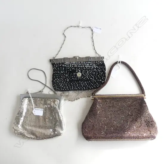 3 VINTAGE EVENING PURSES: OROTON + BEADED + DUTCH SILVER PLATE FOLDING FRAME PURSE