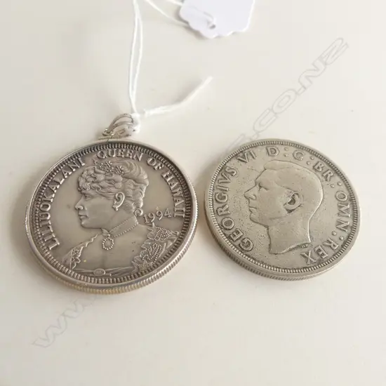 2 COINS; 1937 GEORGE IV CROWN + ROYAL HAWAIIAN 999 SILVER AKAHI DALA TROY OUNCE 