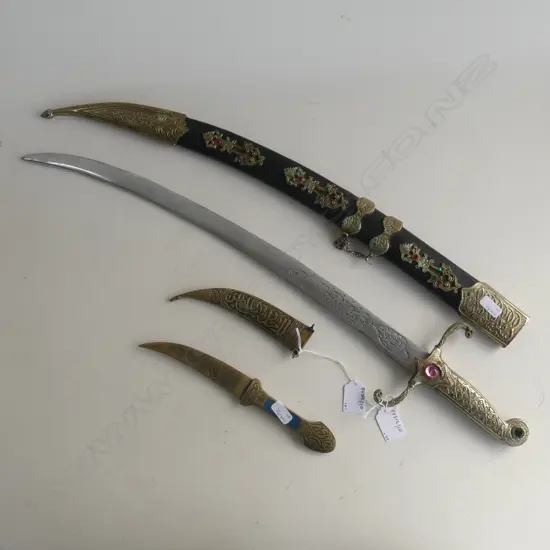 TURKISH ALUMMINIUM SWORD L670MM & BRASS ISLAIMIC SHEATHED DAGGER L280MM
