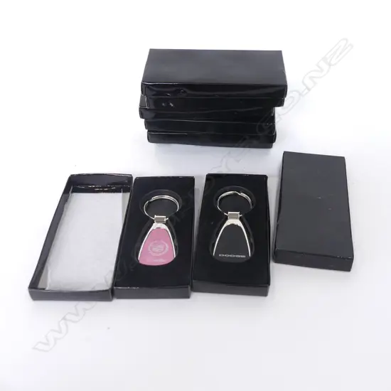 8 GM LICENSED COLOUR TEARDROP CAR KEY RINGS; BUICK, CADIALLAC, MUSTANG ETC.. ALL NEW IN BOXES