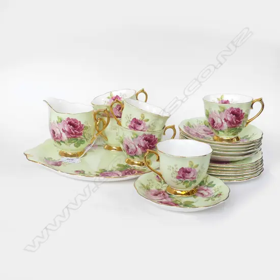 20 PCE ROYAL ALBERT GREEN TEA SET; 6 TRIOS, JUG & CAKE PLATE