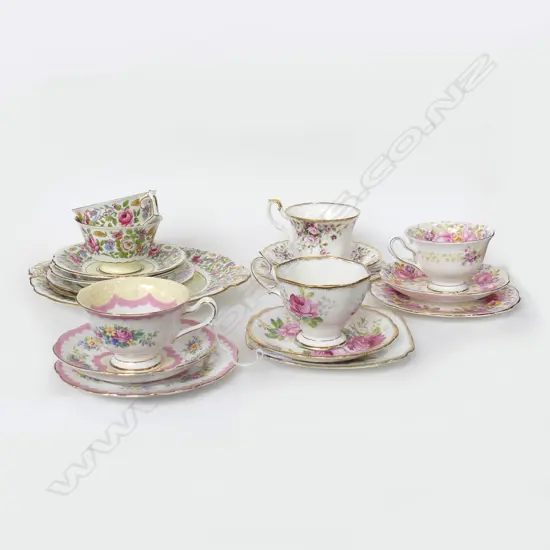 4 PINK FLORAL ROYAL ALBERT TRIOS + 7 PCES ROYAL CROWN DERBY; 2 TRIOS + CAKE PLATE