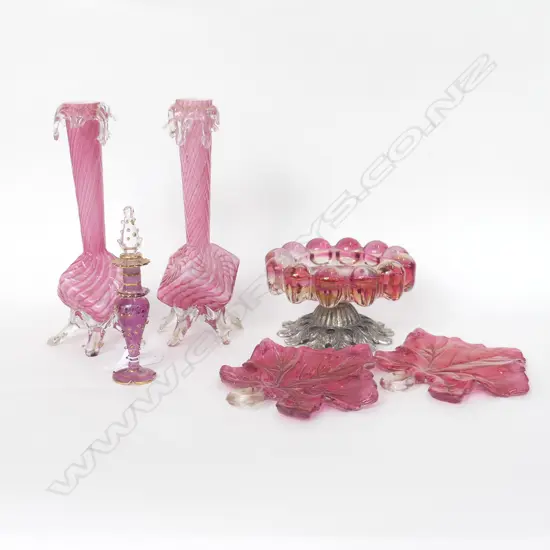 6 PCES ASST. RUBY / CRANBERRY GLASS; PR VASES H.200mm (small loss), 2 LEAVES, PERFUME BOTTLE & SMALL COMPORT