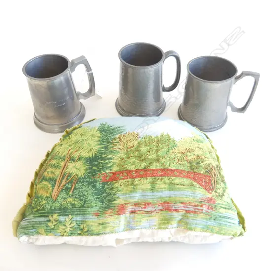 3 ASST PEWTER TANKARDS (H. 122, 120, 115MM) + OLD NZ SCENE TEA COSY 
