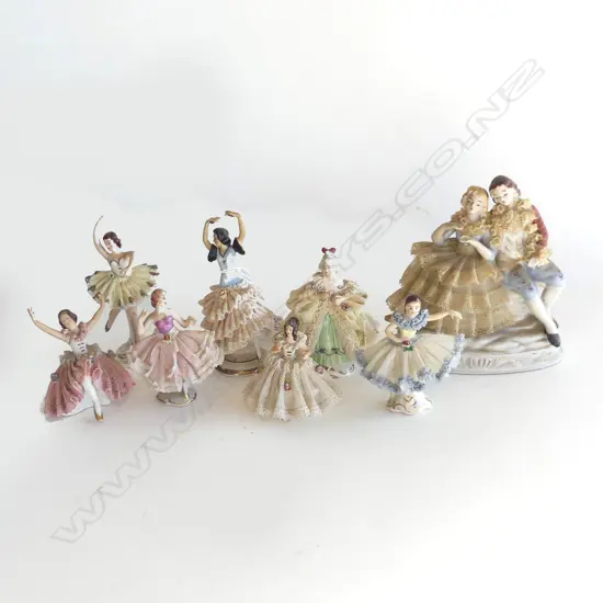 8 DRESDEN & DRESDEN TYPE LADY FIGURINES W CRINOLINE LACE minor damage to a couple 