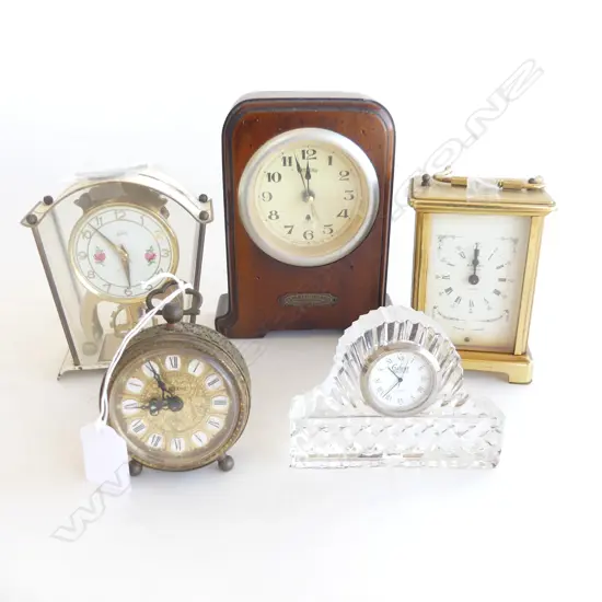 5 ASST. SMALL MANTLE / ALARM / CARRIAGE CLOCKS; GERMAN, FRENCH ETC AF