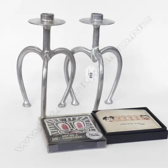 PR STEPHANE RONDEL CANDLEHOLDERS H.210mm + FRIZZELL TIKI WALLET & 4 COASTERS
