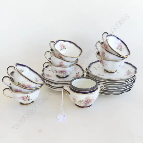 24 PCES ANTIQUE CRESENT CHINA TEA SET; 9 CUPS (1 AF), 6 SAUCERS, 8 SIDE PLATES + SUGAR BOWL w. STG RIM
