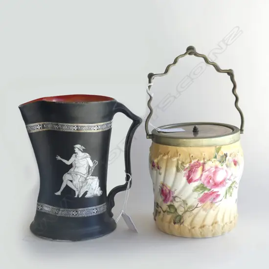 ANTIQUE MATTE BLACK GRECIAN DESIGN JUG (STAR CRACK TO BASE) H. 180MM & CRESCENT WARE BLUSH WARE BISCUIT BARREL H. 140MM