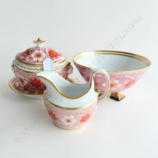 3 PCES 19thC CHINA; 3 FOOTED BOWL 200mm dia, JUG & OVAL LIDDED SUGAR w. PLATE