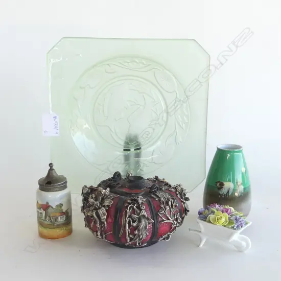 SQUARE GREEN GLASS PLATE + 4 PCES CHINA + RESIN ORIENTAL CONTAINER SOME FAULTS