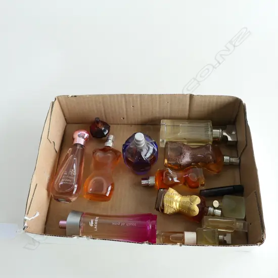 BOX 8 ASST PERFUMES INCL 4 GAULTIER, LACOSTE ETC.  + 6 MINIATURE BOTTLES - ALL HAVE SOME CONTENTS